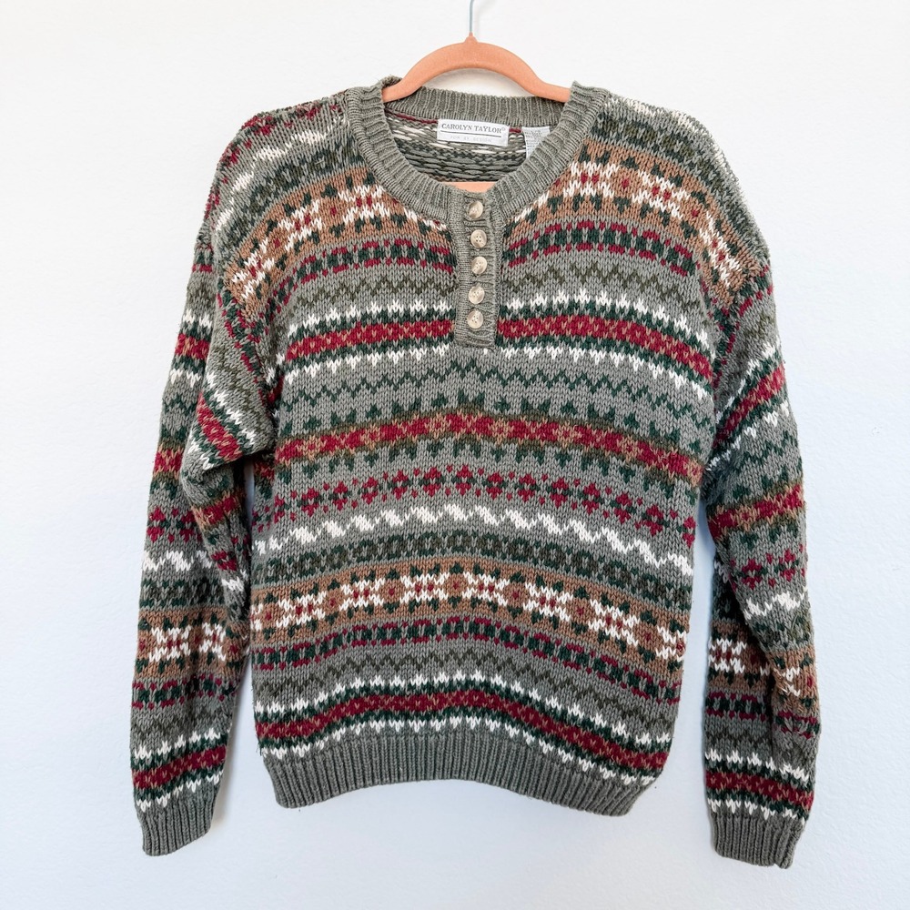 VTG Carolyn‎ Taylor Womens Sweater Size L Green Fair Isle Knit 90s Cozy Holiday